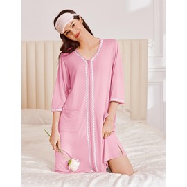 Ekouaer Zipper Robes for Women 3/4 Sleeves Lightweight House Coat Zip Up Bathrobe Soft Nightgown with Pockets (Pink, Medium)