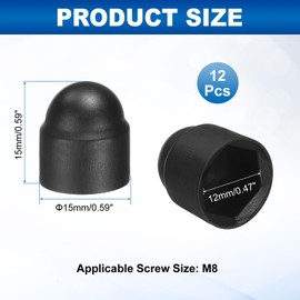 sourcing map 12Pcs Hex Nut Cover, M8x12x15mm Plastic Dome Nut Protection Cap Hex Screws Bolt Covers for Indoor Outdoor Furniture Automotive Bolts Decoration, Black
