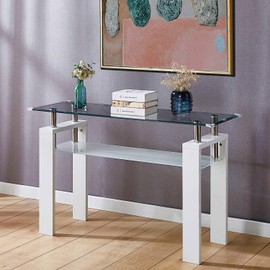 Pvillez Glass Console Table w/Safety Corner Protectors & MDF Legs Narrow Sofa Table Couch Table w/Frosted Glass Shelf Hallway Entrance Table for Living Room,Entryway,Corridor,Sturdy Entryway Table
