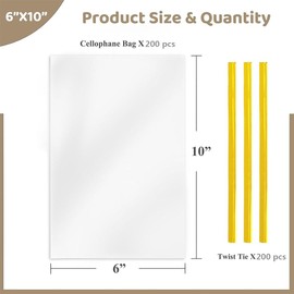 iDopick Cellophane Wrap Bags 200 PCS 6x10 Inches Clear Gift Gags with Ties Plastic Treat Party Favor Candy Bags for Gift Giving, Packaging Snack, Cookie Candy