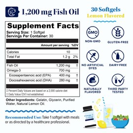 Omega 3 Fish Oil Supplement | 1,200mg Omega 3 Fatty Acids 400mg EPA & 280mg DHA | Heart, Brain & Eye Health Support | Burpless Lemon Flavor Friend of the Sea Certified Non-GMO, Gluten-Free 30 Servings
