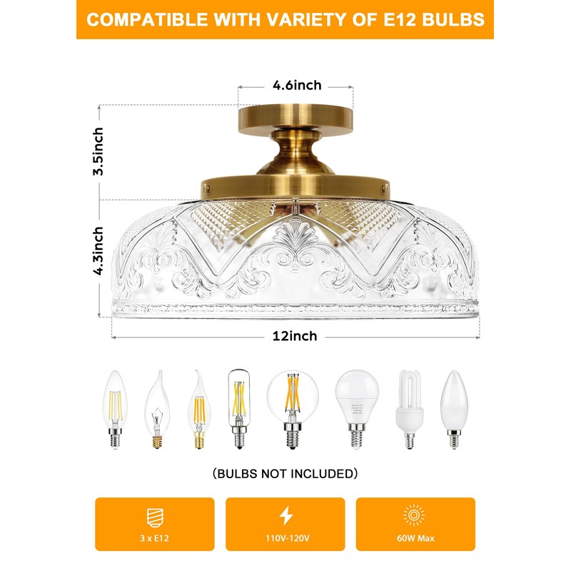 Slypadan Semi Flush Mount Ceiling Light, 12 Inch Large Gold