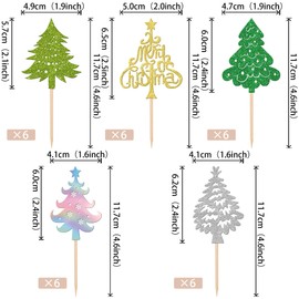30 piezas de adornos para magdalenas de Feliz Navidad con purpurina para árbol de Navidad con temática de árbol de Navidad, Navidad, Año Nuevo, día festivo, baby shower, fiesta de cumpleaños, decoración de pasteles, suministros coloridos