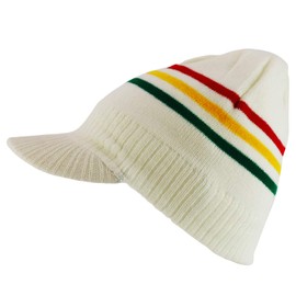Armycrew RGY Striped Jamaica Rasta Knit Stretchable Beanie Visor Hat - White RGY