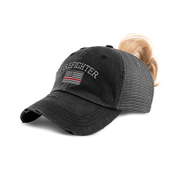 Womens Ponytail Cap Firefighter USA Flag Red Line Embroidery Cotton