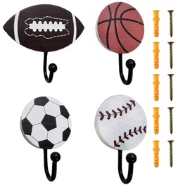 Xiuhusha 4 Pcs Sports Themed Wall Mounted Coat Hooks Set - Baseball Football Soccer Basketball Design, Wood & Metal Towel Hanger Storage, Screws Included, Perfect for Sports Fan Room Decor