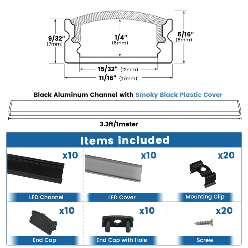 Muzata 10Pack 3.3FT/1M LED Channel Black Aluminum U Shape LED