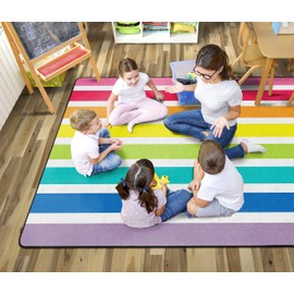 Flagship Carpets Schoolgirl Style Hello Sunshine Bright Rainbow Striped Classroom Area Rug for Indoor Classroom Learning or Kid Bedroom Educational Play Mat, 5'x7'6", Multi