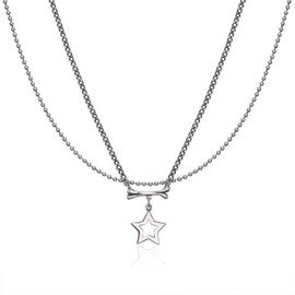Wendalern Silver Star Necklace Hollow Pentagram Pendant Necklace Layered Ball Bead Chain Necklace Cute Outline Star Y2k Necklace Layering Dog Tag Chain Necklace Jewelry for Women and Girls