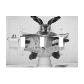 Spshian Funny Cute Grey Black Rabbit Reading Newspaper 3 Gang Light Switch Covers Decorative Triple Toggle Wall Plate Rustic Vintage Western Animals 3 Hole Electrical Device Switchplate for Bathroom