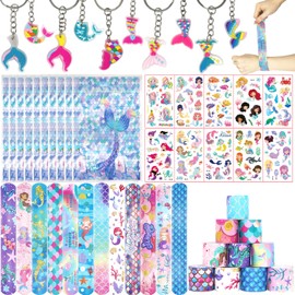 Mermaid Party Bag Fillers for Kids Boys Girls, 42Pcs Mermaid Assorted Toys Pinata Filler with Slap Bands Gift Bags Stickers Keychains Trick & Treat Goody Bag Fillers for Christmas Party