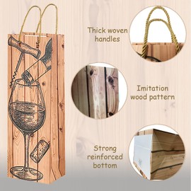 Rmannke Wine Gift Bags for Wine Bottles, 12 Pack Paper Wine Bags Set with Wood Grain, Wine Gift Bags Bulk for Holiday, Wedding, Birthday Party Favors