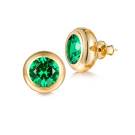 Round Solitaire Green Emerald Chunky Stud Earrings for Women Sparkly Gold Plated Sterling Silver Large Mens Earrings