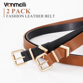 VONMELLI 2 Pack Women Skinny Leather Belts for Jeans Pants Dress Ladies Thin Waist Belt Retro Vintage Belt With Gold Buckle Black + Brown Fit Waist Size 36-38"