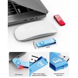 MOSDART 64GB USB2.0 Flash Drive, with Keychain Loop, Swivel Design with LED Light, exFAT Memory Stick for Computers, System Backup, Data Storage, Red and Blue (Pack of 2)