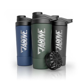 ABOVE. Protein Shaker Stainless Steel 750 ml - BPA Free & Insulating: Keeps Shakes 12H Ice Cold - Integrated Scale & 100% Leak-proof Lid - Robust & Durable - Dishwasher Safe up to 45°C (Olive)