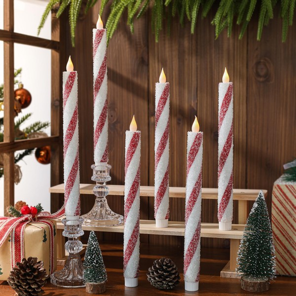 LCZLUMIPRO Christmas Flickering Flameless Taper Candles - 6PCS 9.5inch Glitter