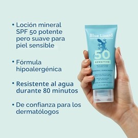 Blue Lizard - Protector solar mineral SENSIBLE con óxido de zinc, SPF 50+, resistente al agua, protección UVA/UVB con tecnología Smart Cap – Sin fraga