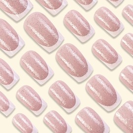 LBPEPAMZ White French Tip Press on Nails Medium Square Fake Nails with Silver Glitter Designs Stick on Nails Nude Pink Full Cover Bling Glitter Glue on Nails False Nails for Women 24Pcs