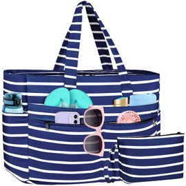 WACCET XXL Family Beach Bag, Large Waterproof Beach Bag for Women, with Zip, Foldable Lightweight Swimming Bag with Multiple Pockets, Beach Bag, Tote Bag for Beach, Travel, Holiday, Pool, Dark blue