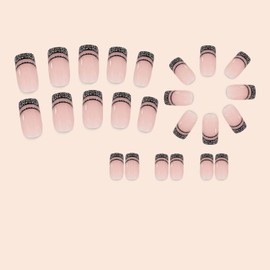 Black French Tip Press on Nails Medium Square Fake Nails Silvery Glitter French Tip Nails Glossy Acrylic Full Cover Glue on Nails French False Nails Reusable Stick on Nails for Women and Girls 24PCS