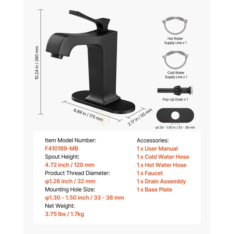 Matte Black Single Handle Kitchen Faucet with Push-Button Drain Easy-to-Use