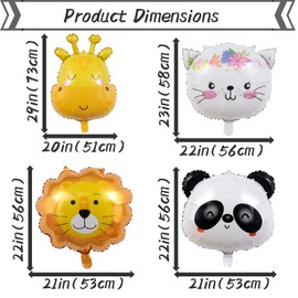 7 Pcs Animal Foil Balloons Set - Cute Bear Cat Giraffe Tiger Panda Pig Lion Head Balloons for Birthday Party Baby Shower Decorations, Jungle Safari Zoo Theme Wild One Celebration