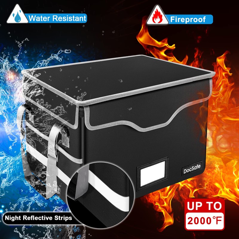 DocSafe Fireproof Document Box with Lock,File Storage Organizer with Pockets,Collapsible