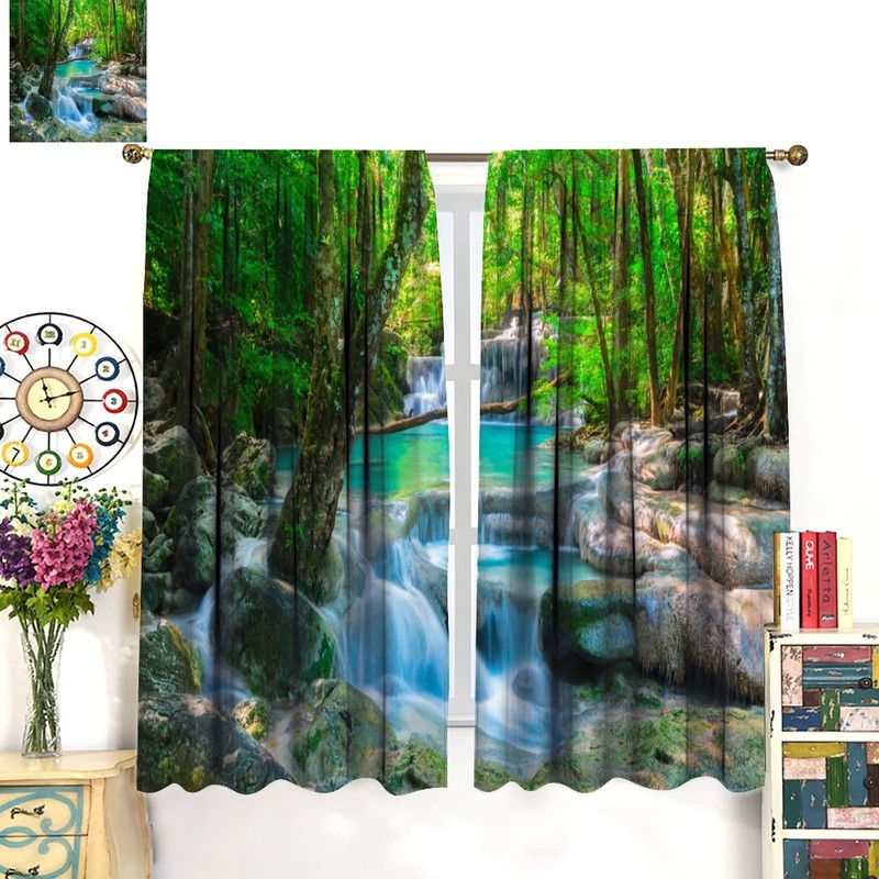 Waterfall Curtains, Spring Forest Nature Landscape Theme Pattern Print, Bedroom