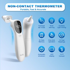 Dual-Mode Thermometer for Adults and Children - Infant Digital Thermometer, LED Forehead/Ear Thermometer, with object temperature measurement, fever alarm, 1-second fast readout, and easy operation.