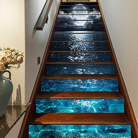 FLFK 3D Bright Moon Light on The Sea Self-Adhesive Stair Stickers Stair Riser Stickers Wall Murals Home Decor 39.3" w x 7" h x 13PCS