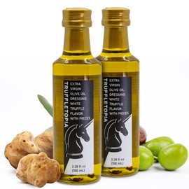 Truffletopia I White Truffle Extra Virgin Olive Oil I Cold Pressed with Real Pieces of Truffles I For Pasta, Pizza, or Salad I Vegan, Non-GMO, No MSG, Gluten Free, Keto I 2 Bottles, 3.38 oz each
