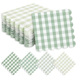 Whaline 100Pcs Sage Green Plaid Scalloped Cocktail Napkins Gradient Color Disposable Paper Napkins Beverage Napkin for Wedding Birthday Party Supplies