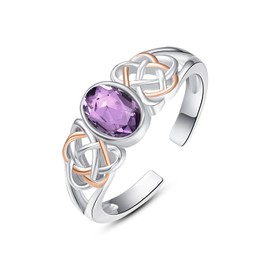 praymos Amethyst 925 Sterling Silver Birthstone Ring for Women Girls Gemstone Ring Celtic Knot Statement Adjustable Ring Oval Open Birthday Jewelry