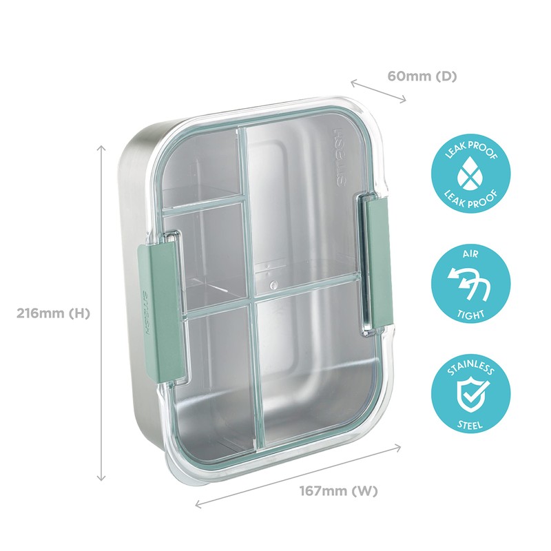 Smash Stainless Steel Bento Lunch Box, 5 Compartments, Sage, 1400ml