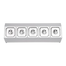 5 Grid Food Serving Rack,Single Row Spice Rack Stainless Steel Organizer Shelf with Five 1/6 Pans Countertop Inclined Holder for Seasoning Sauce Jam Fruits Ingredients, for Kitchen Pantry Use