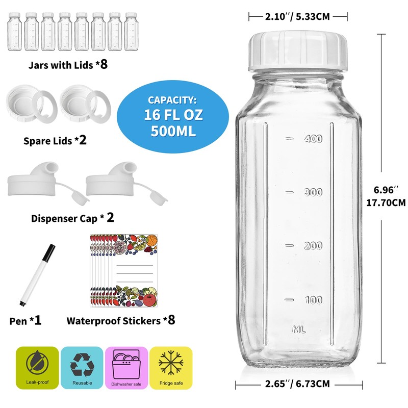 8 Pack 16 Oz Reusable Glass Milk Bottles w 100%