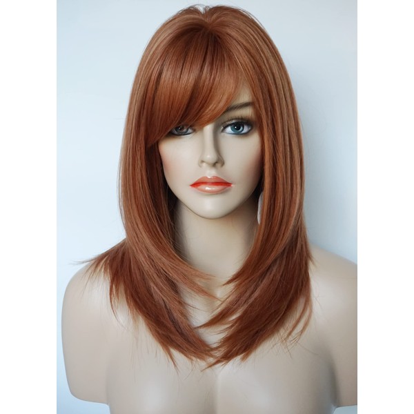 Layered Wigs Medium Length wig for women Copper wig Ginger wig Layered wig with bangs Synthetic wig Highlight for white Women (Orange)