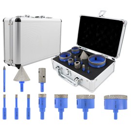 Diamond Tile Hole Saw Kit - 10Pcs 1/4'' X 2, 5/16'', 4/5'', 1-3/8'', 2'', 2-1/2'' Drill Bits, 1/4'' Carbide Drill Bit, 4/5'' Finger Bit, 2'' Beveling Chamfer Bit for Porcelain Tile Ceramic Granite