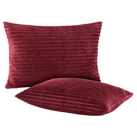 BaSaTex Winter Plush Cushion Covers, Pack of 2, 40 x 60 cm, Cashmere Touch Coral Fleece, Rip-Corduroy, Sofa Cushion, Couch Cushion, Decorative Cushion Cover, Zip, Bordeaux