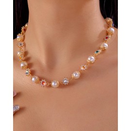 Colorful Daisy Pearl Choker for Women Trendy Multi-color Rhinestone Flower Pearl Necklace Exquisite Colorful Gemstones Daisy Necklace Wedding Party Prom Jewelry Gifts