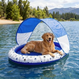 Seenelling Dog Pool Float with Canopy 57'' x 39'' Inflatable Dog Water Raft for Lake Pet Swimming Float Lounger with Shade for Small Medium Large Dogs Pet Pool Accessories (Blue)