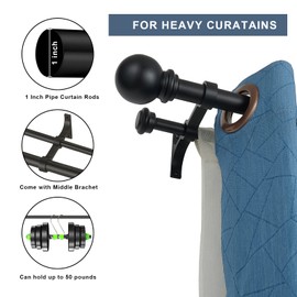 Double Curtain Rod 84 to 120 inch, Adjustable 1 inch Double Drapery Rod Rods for Windows and Doors with Ball Round Finials and Premium Aluminum Brackets Set (84-120",Matte Black)