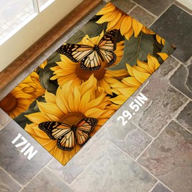 amepay Sunflower Butterfly Indoor Door Mat,Stylish 17x29.5in Non-Woven Fabric Floor Doormat with Yellow Floral and Monarch Butterflies,Rustic Nature Doormats,for Porch,Bedroom,Decor Rug Gifts