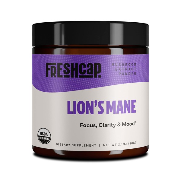 FreshCap, Lion's Mane Mushroom Brain and Focus Powder - Organic - 60 g- Supplement - Mental Clarity and Focus - Add to Coffee/Tea/Smoothies-Real Fruiting Body No Fillers (60 Gram)