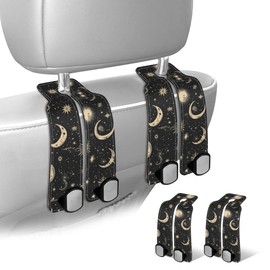 YLYNIU Headrest Hooks for Car Seat Back Organizers, 2 Packs Car Purse Holder, PU Leather Bag Hooks, Purse Hook Cars Organizer Front Seat, Cars Decorations Interior Necessities (Moon & Stars Black)