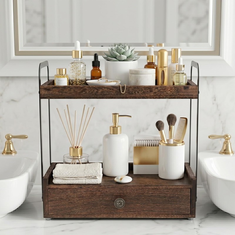 2-Tier Bathroom Counter Organizer with Drawer, Wooden Vanity Countertop Organizer