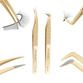 NAGARAKU 1 Par De Pinzas De Punta De Fibra De Precisin Para Extensiones De Pestaas Pinzas Antiestticas De Punta Recta Y Curva Con Caja (Pinzas en...  