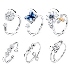SAILIMUE 6 Pcs Fidget Anxiety Rings for Women Adjustable Open Ring Set Spinner Fidget Rings for Anxiety Cubic Zirconia Flower Butterfly Bead Stress Relief Stackable Rings