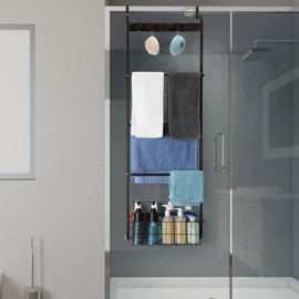 Over The Door Towel Racks for Bathroom,5-Tier Door Towel Holder with Hooks and Basket,Over The Door Towel Bar Hanger Organizer for Bathroom Bedroom Accessories, Blanket Ladder for Living Room Black